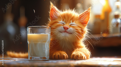 Small Felidae with fawn fur and whiskers next to a glass of milk on a table