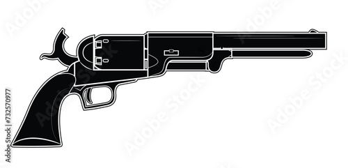 Vector illustration of the 1847 Colt Walker revolver with cocked hammer on the white background. Black. Right side.
