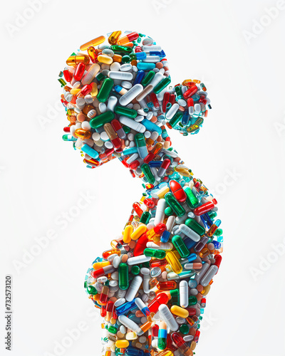 A woman's profile made entirely of biologically active supplements such as vitamins, minerals. Health and pharmaceutical concept, representations of mental health and personality
