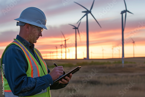 ingénieur avec sa tablette numérique en main qui travaille sur le terrain au réglage des éoliennes pour une énergie durable et renouvelable propre 