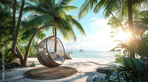 Chair swing on the beach with palm trees.