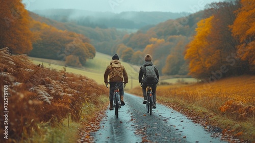 Riding bikes on a route through verdant mountain pastures during the autumn, from above