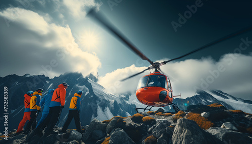 Red Medical Rescue helicopter landing in high altitude Himalayas mountains. High Himalayas expedition during mount climbing. Travel, active people, safety and Traveling insurance concept image.