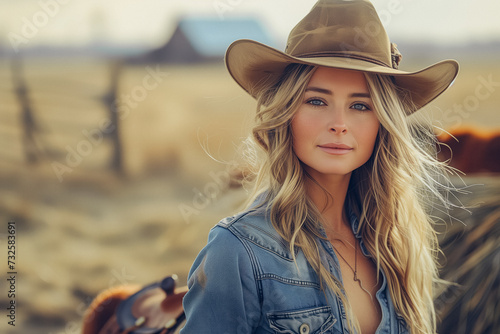 A portrait of a beautiful Caucasian cowgirl wearing a brown hat and denim jacket, her hair catching the golden hues of the expansive field behind her