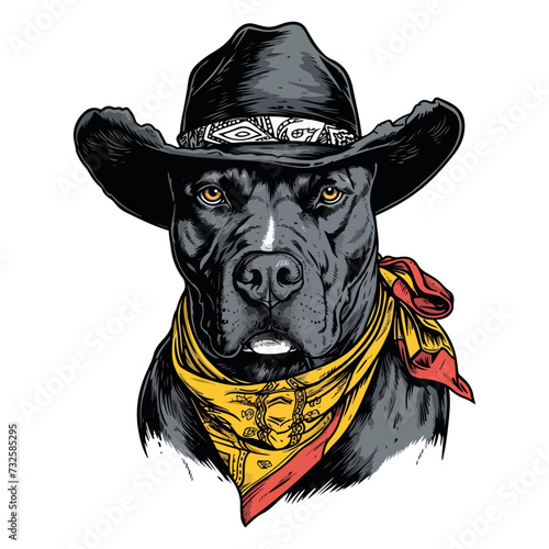 american pit bull Dog Head wearing cowboy hat and bandana around neck