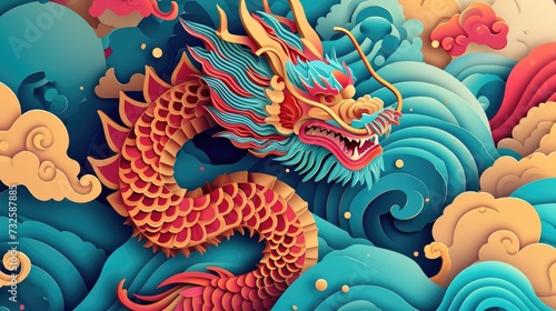Captivating paper cutting of chinese zodiac dragon with ocean waves and clouds for chinese new year