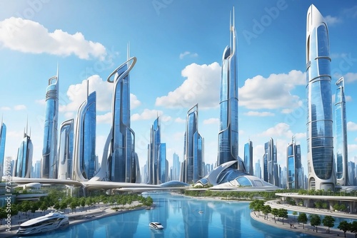 Explore the vibrant cityscape of a futuristic metropolis, where towering skyscrapers and sleek designs merge seamlessly with the natural world.