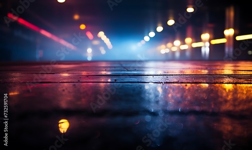 Pavement in the center of the city at night. Selective focus