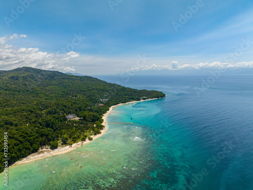 Top view of tropical beach with white sand and trees. Transparent water and corals. Samal Island. Davao, Philippines.