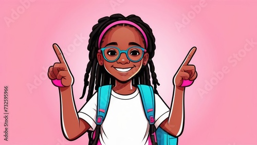 An African-American elementary school girl with a backpack , showing a thumbs-up on a pink background. A happy student girl celebrates freedom by recommending the best education choice.
