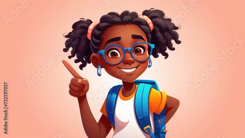 An African-American elementary school girl with a backpack, showing a thumbs-up on peach fuzz. A happy student girl celebrates freedom by recommending the best education choice.