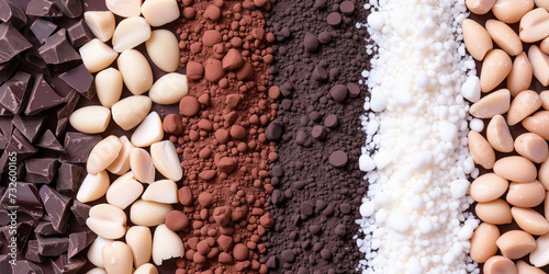 Dégradé de texture et de couleurs : amandes, cacao en poudre clair, cacao de chocolat à 100%, sucre
