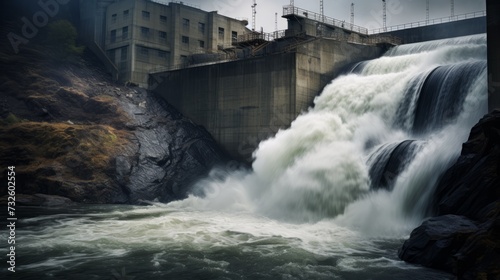 Draining water from a hydroelectric dam, generating renewable clean electric energy in nature.