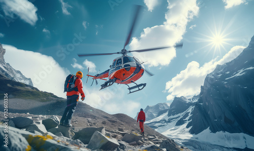 Medical Rescue helicopter landing in high altitude Himalayas mountains. High Himalayas expedition during mount climbing. Travel, active people, safety and Traveling insurance concept image