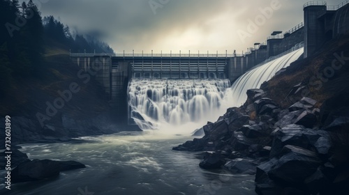Hydroelectric dam on the river, discharge of water from the reservoir, generation of renewable clean electric energy in nature.