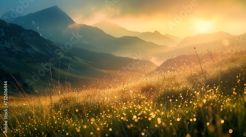 Golden sunrise over a dewy mountain meadow with glowing wildflowers - Generative AI