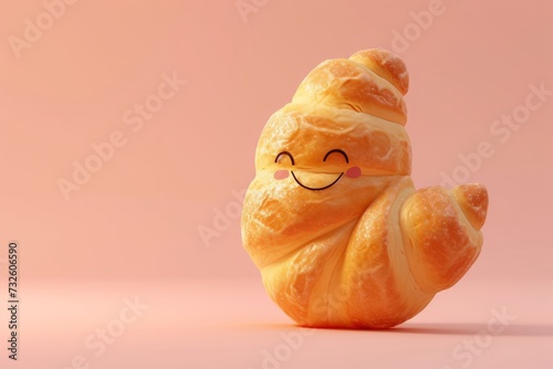 Cute croissant baby with happy face 3d cartoon character, solid pink color background