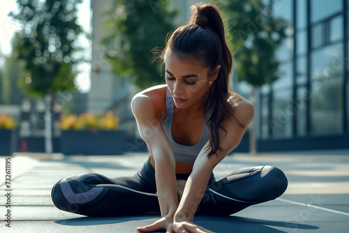 Woman in sportswear exercising outdoors stretching legs and arms before workout.