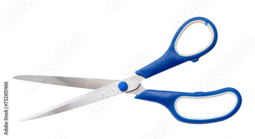 Top view of multipurpose scissors with blue handle isolated with clipping in png file format. path. A pair of scissors