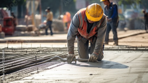 Construction technician using concrete vibration generator. leveling the concrete floor.