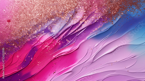 Różowo - fioletowy obraz malowany farbą olejną na płótnie - tło posypane brokatem. Fale