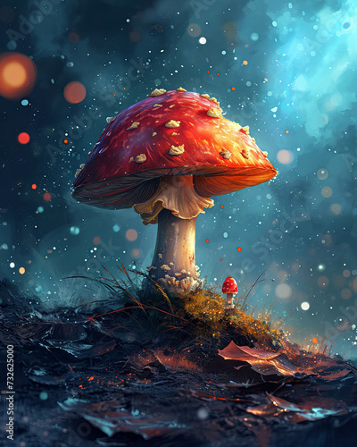 Amanita muscaria, or fly agaric mushroom in the forest at night. Fantasy illustration