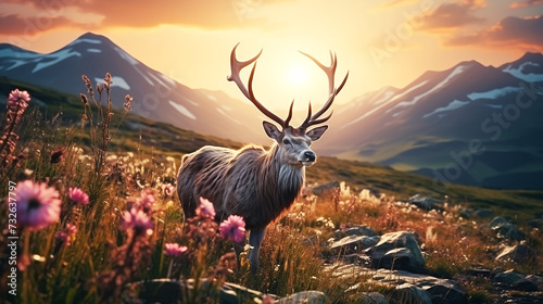 Reindeer in flower hills with the sunrise background