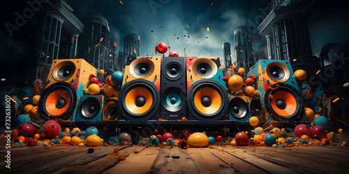 A trio of speakers immersed in a chaotic explosion of colorful splashes on an urban backdrop
