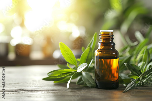 Tea tree oil in amber bottle with fresh leaves on a wooden table, natural light.