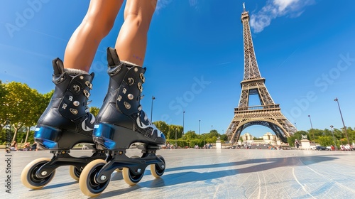 A girl rollerblades in Paris. Holiday in France concept