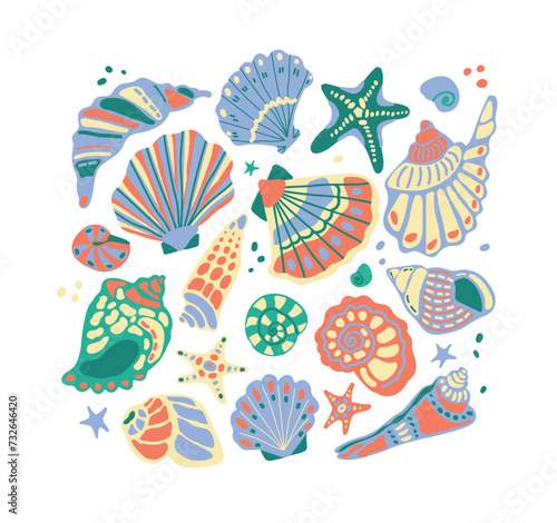 Vector set of sea shells. Multicolored sea isolated elements. Ornamented sea creatures. Set for designing cards, patterns, prints. Starfish, shells, sea set.