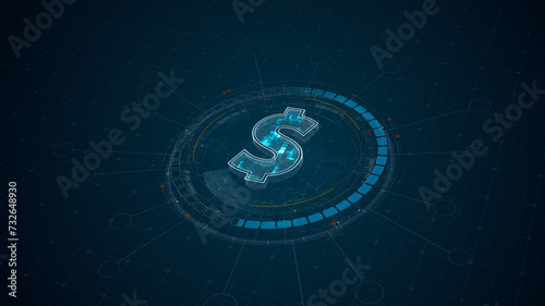 Blue digital money logo with 3D rotation HUD UI circle technology interface and futuristic elements abstract background crypto currency finance and digital money concepts