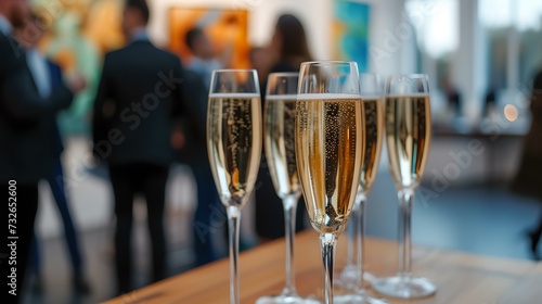 Elegant champagne flutes on a blurred background at a social event. close up of bubbly drinks, symbol of celebration. ideal for invitations and festivities. AI