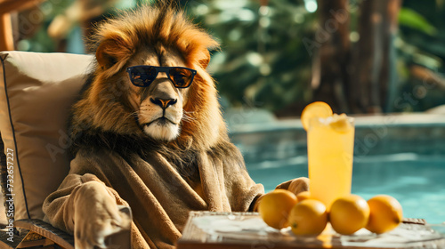 Funny lion animal wearing bath robe and sunglasses, resting and relaxing on a comfortable chair in the spa center. In front of him is the refreshing orange juice drink, swimming pool in the background