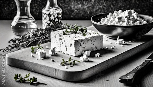a black and white capture featuring a kitchen table adorned with delectable feta cheese and fresh herbs on a rustic cutting board, emphasizing texture and contras