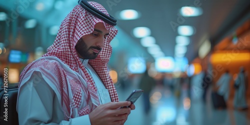 A young Arab businessman uses his smartphone, combining modern technology with traditional culture and radiating success.