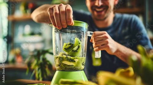 Young man smiling in the background, placing a hand on the electric blender mixer device, standing in the kitchen, making healthy nutritious green smoothie with tropical and exotic kiwi fruit