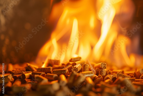 Pellets in flames- oak biomass, close up.