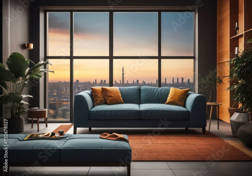 Modern Living Room: Sofa by Sunset Scenery Window