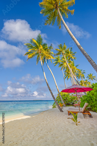 Summer lifestyle leisure chairs umbrella on tropical island beach. Tourism vacation couple destination at seaside sunny serene sky, tranquil sea sand. Exotic luxury travel landscape. Amazing tropics