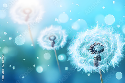 Beautiful spring bright natural background with dandelion seeds with dew drops. Soft focus.