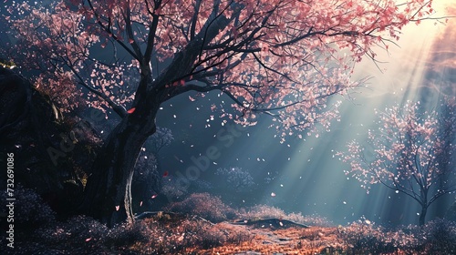 A serene and picturesque scene featuring cherry blossom trees in full bloom. The setting appears to be early morning with ethereal sunbeams penetrating the mist, casting a soft, magical light througho