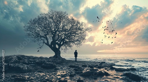 A solitary figure stands on a rocky shoreline gazing out at the sea, with a large, leafless tree to their left. The tree's branches are bare and twisted, stretching across the sky filled with soft, il