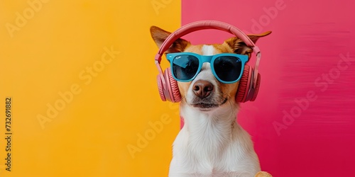 Puppy dog wearing sunglasses and headphones on colorful background for summer music and podcasting concept