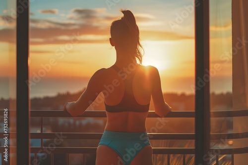 Fitness woman in sportswear on the balcony at sunset.