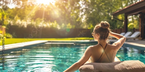 Woman sunbathing by the swimming pool in the backyard