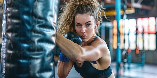 Woman boxer training for a fight by punching a punching bag. Self defense hand to hand combat fitness in gym