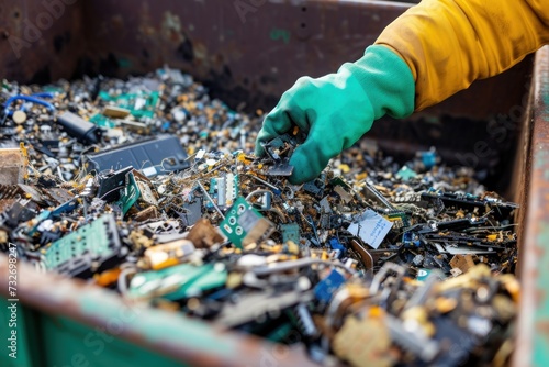 A worker's hand sorting through electronic waste at a recycling facility, highlighting the importance of e-waste management.