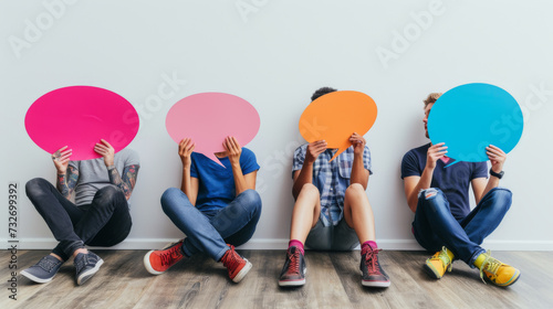 people are sitting on the floor against a white wall, each covering their face with a colorful speech bubble cutout.