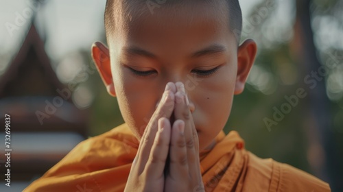 closeup of young buddhist monk praying or doing meditation in orange suit, portrait